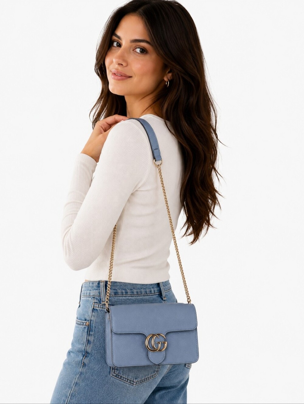 Gucci Interlocking GG Blue Pebbled Leather Crossbody Bag w/ COA Gold Chain